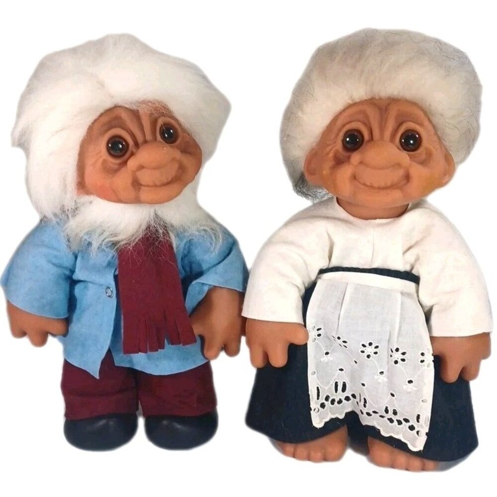 Vintage 1977 Large 14" Thomas Dam Denmark Grandma Grandpa Trolls Set Of 2 1970s